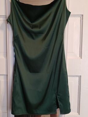 SHEIN Dark Green Satin Cowl Neck Mini Dress with Side Slit